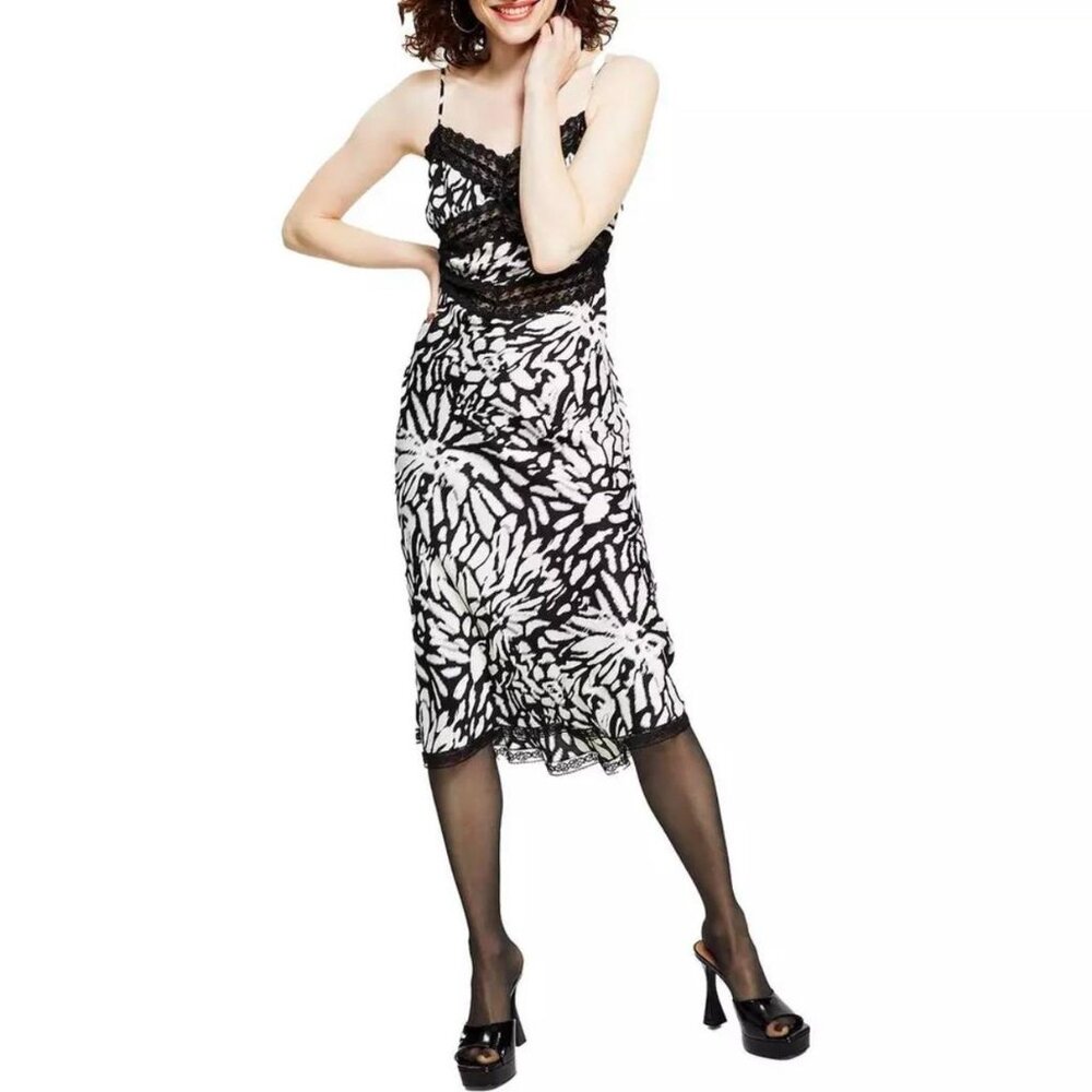 Betsey Johnson Black and White Lace-Trim Floral Slip Dress - Picture 3 of 4